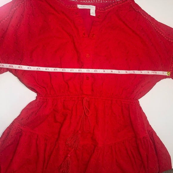 Chelsea & Violet Red Gameday Eyelet Puff Sleeve Button Front mini Dress SZ M - Picture 7 of 11